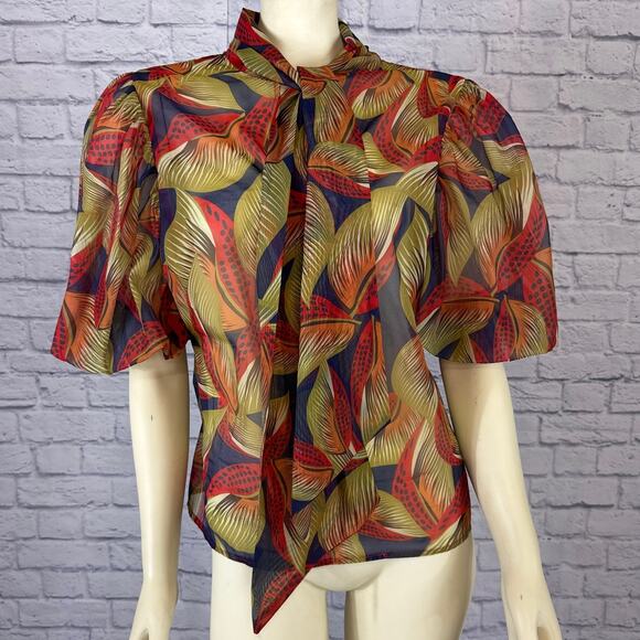 CQ by CQ Multicolored Fall Leaf short big puffy sleeved blouse size large - Picture 4 of 12